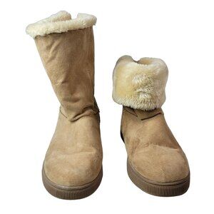 Cat & Jack Fold Down Boots Tan Size 2 Zip Snap Round Toe Faux Fur Faux Suede